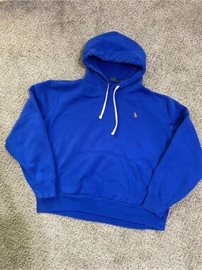 Polo Ralph Lauren Royal Blue Fleece Hoodie Orange Pony Size L Men’s